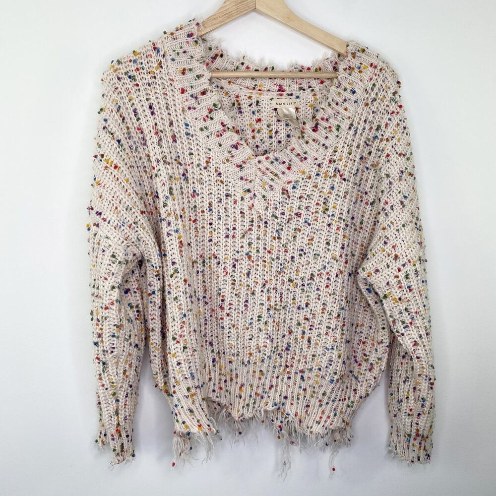 Main Strip Womens Chunky Knit‎ Sweater M Distressed Polka Dot Cream LT30918